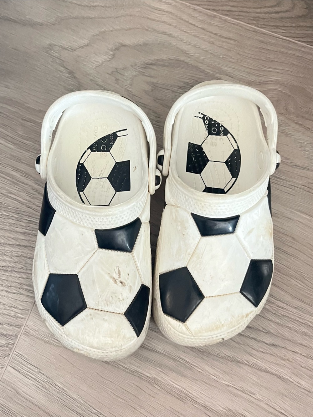 White and Black Soccer Ball Clog Shoes